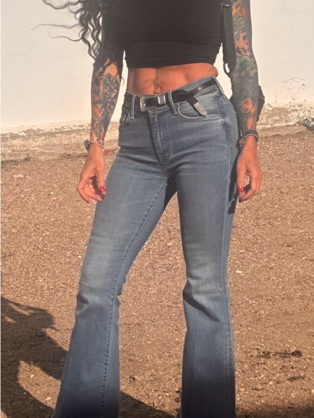 MOTHER High-Rise Flare Jeans - Medium Blue Wash